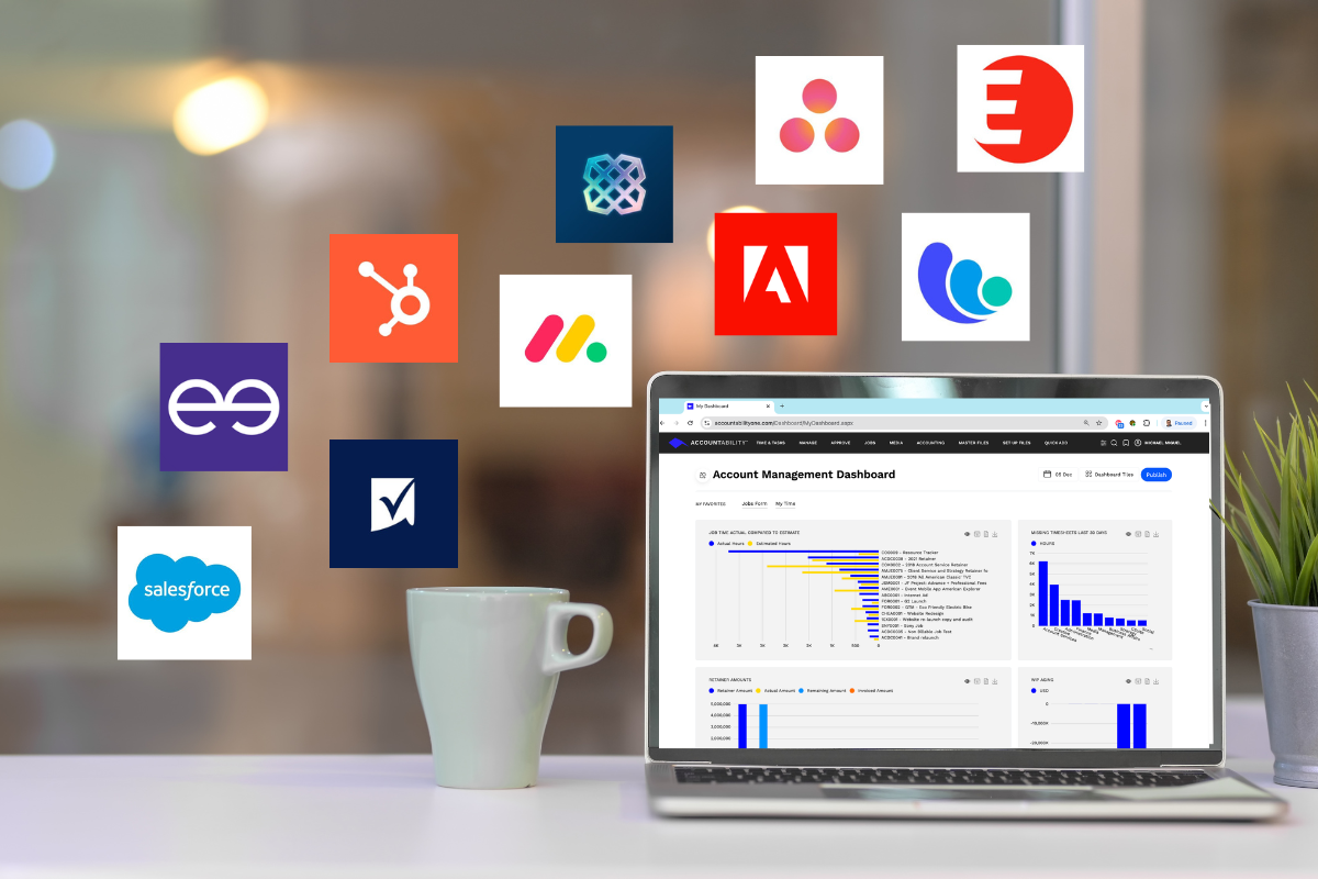 A laptop with different logos around it