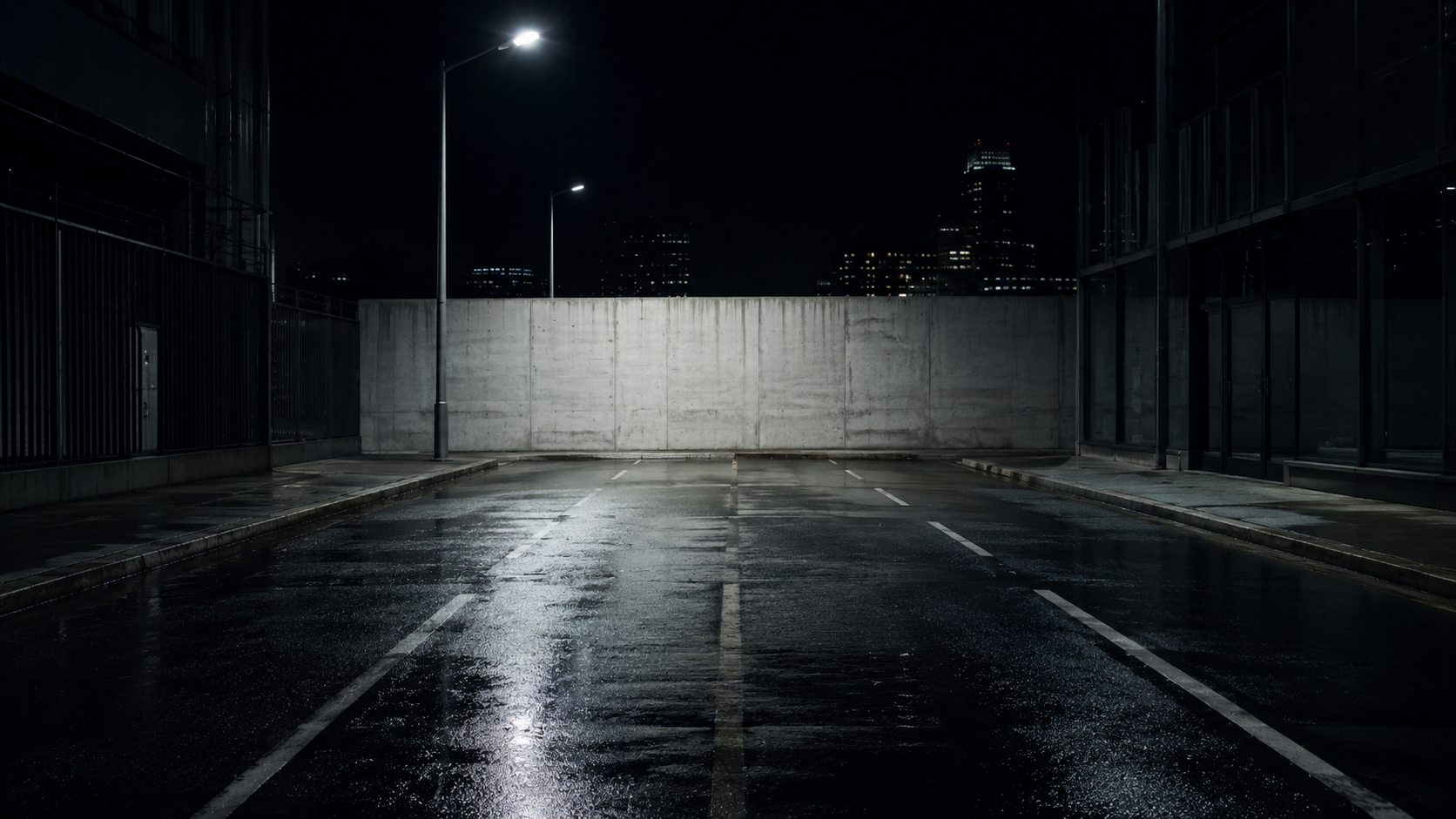 Photorealistic nighttime urban dead-end street with wet asphalt reflecting dim streetlights, leading toward a large concrete wall in cool blue-grey cinematic tones.